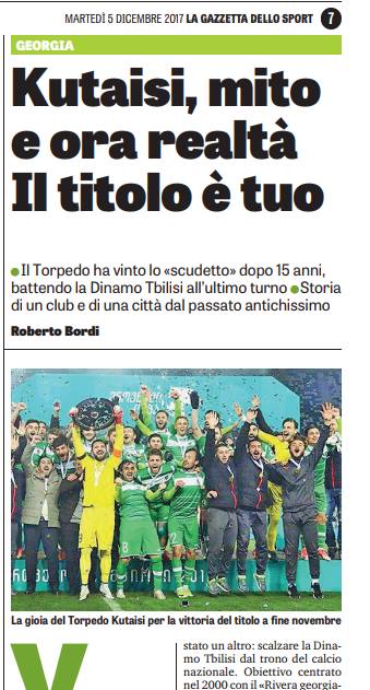 La Gazzetta dello Sport: "ტორპედო"-“დინამოს" მატჩები საქართველოში იგივეა, რაც ესპანეთში "ბარსა"-"რეალი"