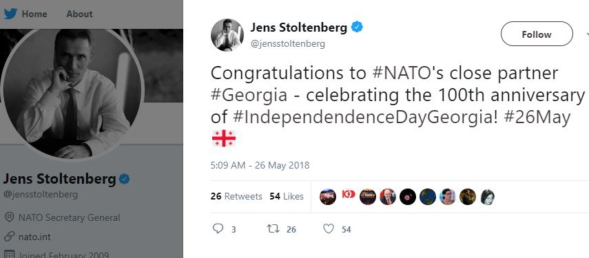 საქართველოს პირველი დემოკრატიული რესპუბლიკის დაარსებიდან 100 წლის იუბილეს იენს სტოლტენბერგი ულოცავს