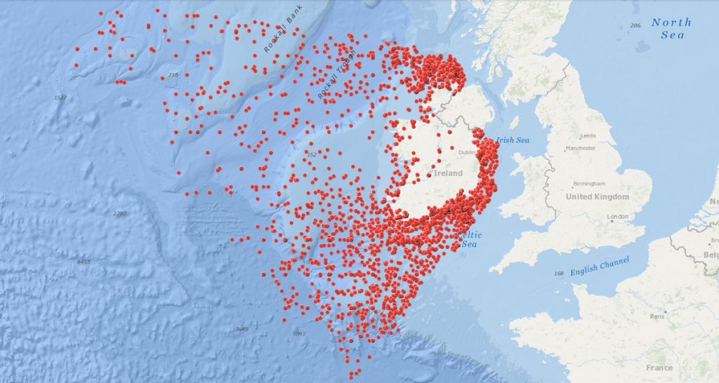 რუკა, რომელიც ირლანდიის გარშემო ჩაძირულ 3554 გემს ასახავს - მათი უმეტესობა იდუმალებითაა მოცული