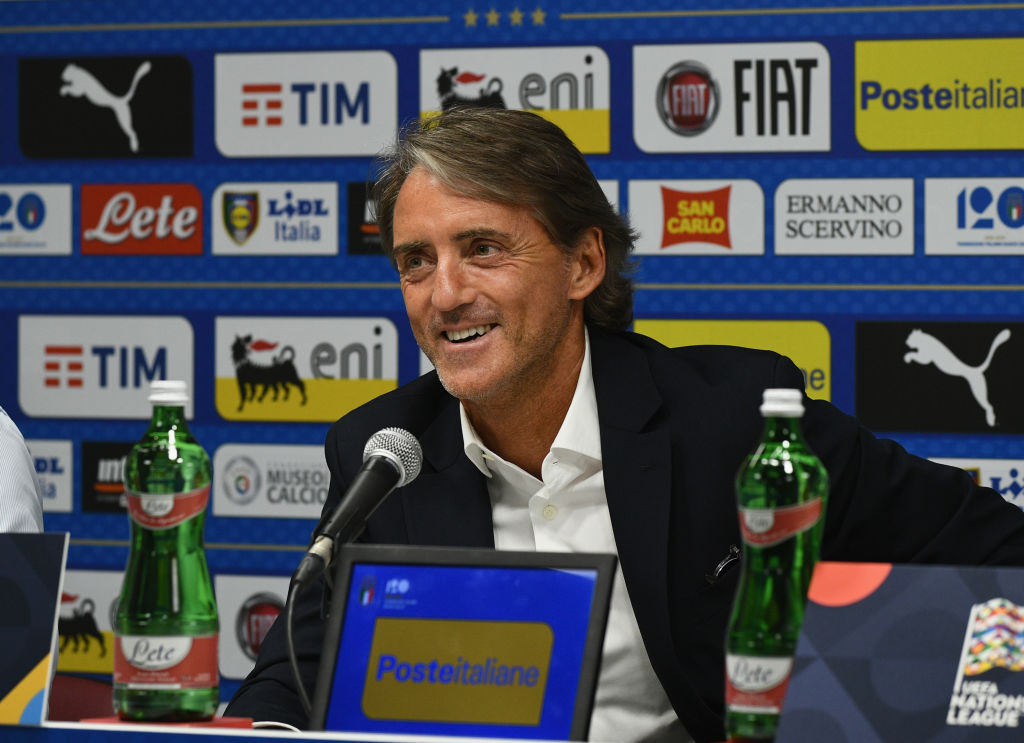 BOLOGNA, ITALY - SEPTEMBER 06:  Head coach Italy Roberto Mancini speaks with the media during a press conference at Stadio Renato Dall'Ara on September 6, 2018 in Bologna, Italy.  (Photo by Claudio Villa/Getty Images)