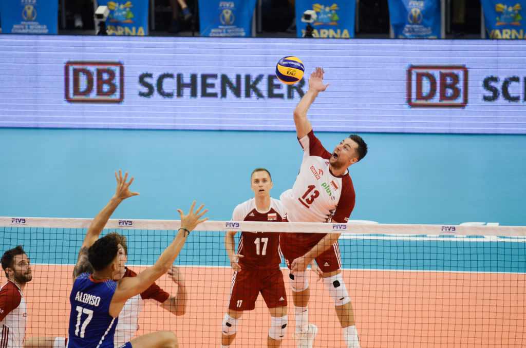 Michal Kubiak, R, Poland play thre ball against Raul Alonso, L, Cuba , during Cuba v Poland, pool D, during 2018 FIVB Volleyball Men's World Championship Italy-Bulgaria 2018, Varna, Bulgaria on September 12, 2018 (Photo by Hristo Rusev/NurPhoto via Getty Images)