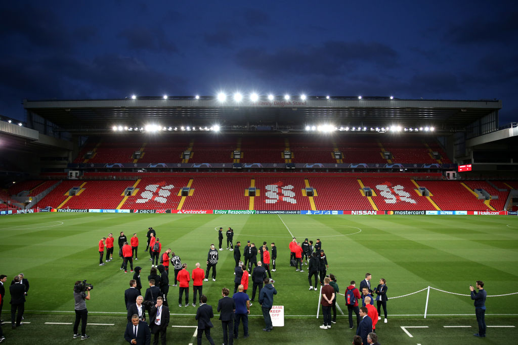 LIVERPOOL, ENGLAND – SEPTEMBER 17:  A general view inside the stadium as Paris Saint-Germain walks the pitch on the eve of their UEFA Champions League Match against Liverpool at Anfield on September 17, 2018 in Liverpool, England.  (Photo by Mark Robinson/Getty Images)