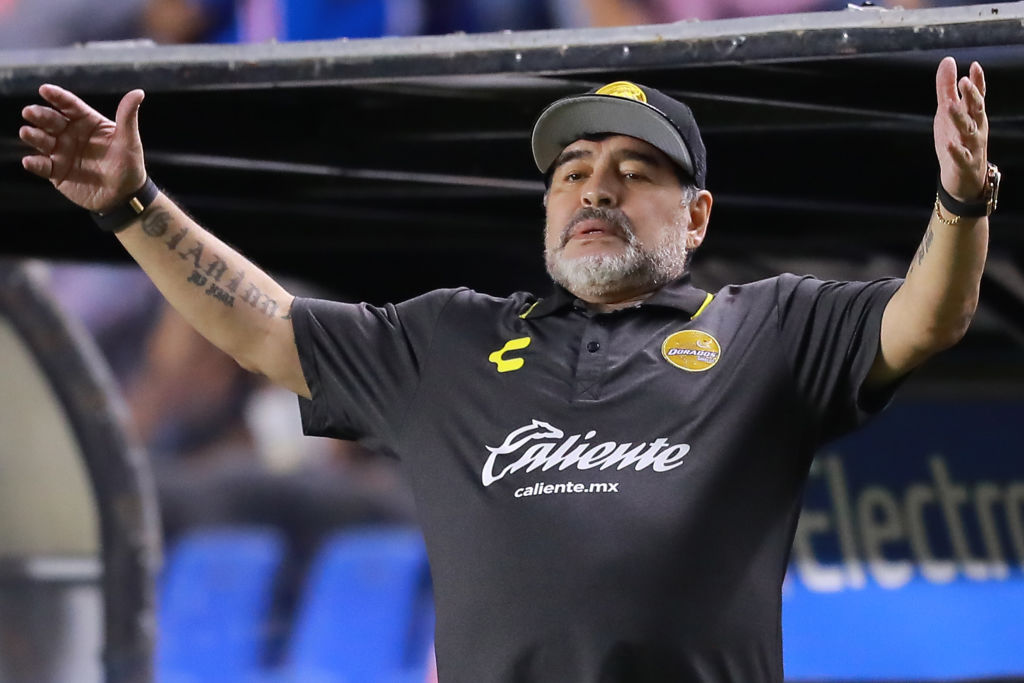 QUERETARO, MEXICO – SEPTEMBER 26: Diego Armando Maradona, coach of Dorados de Sinaloa reacts during a match between Queretaro and Dorados as part of Round of Sixteen of Copa MX Apertura 2018 at Corregidora Stadium on September 26, 2018 in Queretaro, Mexico. (Photo by Hector Vivas/Getty Images)