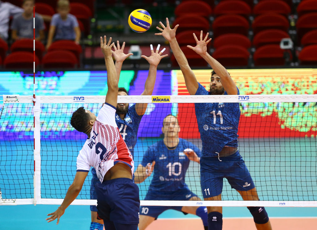 Argentina v Dominican Republic - FIVP Men's World Championship 
Sebastian Sole of Argentina blocks on Bayron Valdez Pena of Dominican Republic at Mandela Forum in Florence, Italy on September 14, 2018
 (Photo by Matteo Ciambelli/NurPhoto via Getty Images)