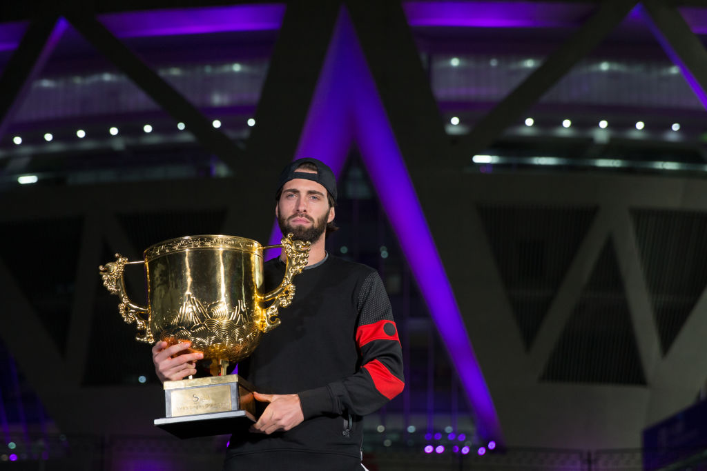 BEIJING, CHINA - OCTOBER 07:  Nikoloz Basilashvili of Georgia hold the winner's trophy after winning his Men's Singles Finals match against Juan Martin Del Potro of Argentina on day 9 of the 2018 China Open at the China National Tennis Center on October 7, 2018 in Beijing, China.  (Photo by Emmanuel Wong/Getty Images)