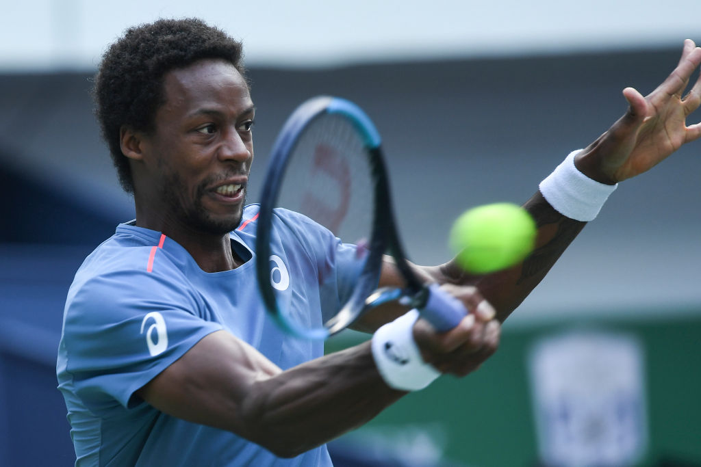 SHANGHAI, CHINA - OCTOBER 08:  Gael Monfils of France plays a shot against Stefanos Tsitsipas of Greece during First Round in 2018 Rolex Shanghai Masters on Day 2 at Qi Zhong Tennis Centre at Qi Zhong Tennis Centre on October 8, 2018 in Shanghai, China. (Photo by Fred Lee/Getty Images)