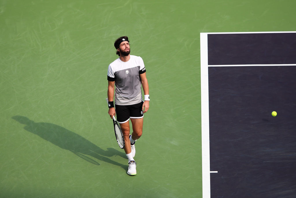 SHANGHAI, CHINA - OCTOBER 10:  Nikoloz Basilashvili of Georgia reacts during against Alexander Zverev of Germany during second round of the 2018 Rolex Shanghai Masters on Day 4 at Qi Zhong Tennis Centre on October 10, 2018 in Shanghai, China.  (Photo by Lintao Zhang/Getty Images)
