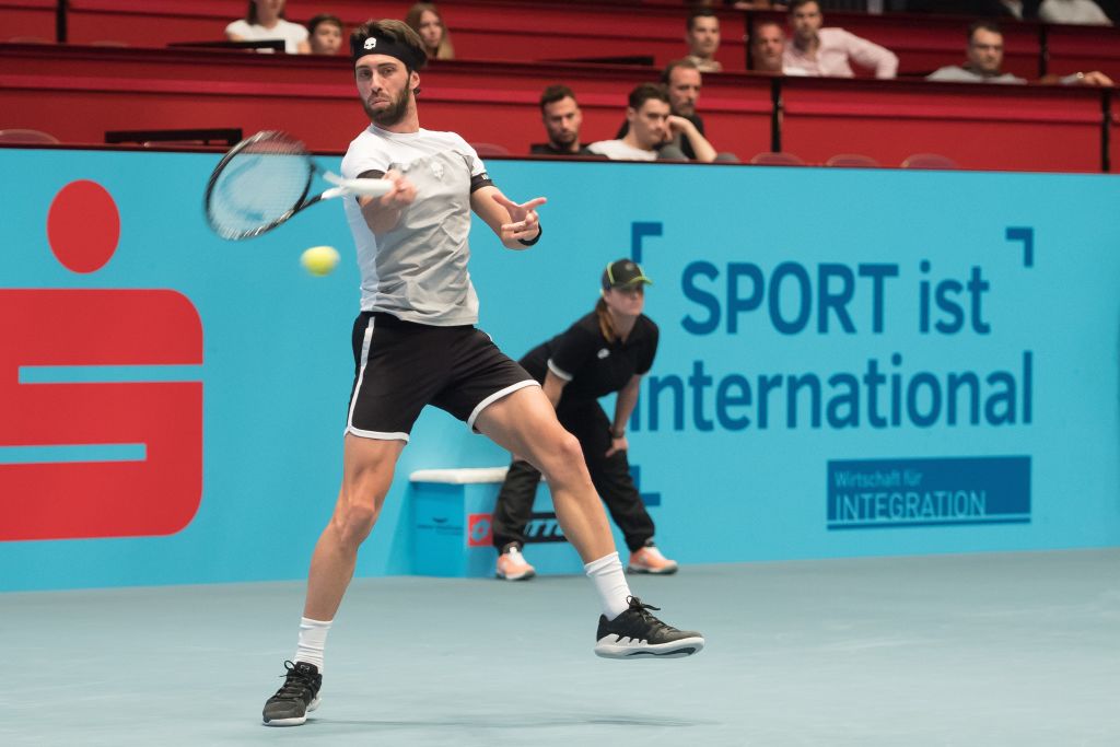 VIENNA, AUSTRIA - OCTOBER 22: Nikoloz Basilashvili of Georgia in action during the round of 32 match between Nikoloz Basilashvili of Georgia and Kevin Anderson of South Africa on day one of the Erste Bank Open 500 at Wiener Stadthalle on October 22, 2018 in Vienna, Austria. (Photo by Andrea Kareth /SEPA.Media /Getty Images)