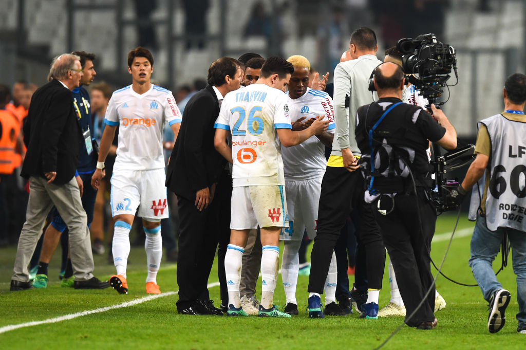 Team of Marseille waits the result of Lyon vs Nice during the Ligue 1 match between Olympique Marseille and Amiens SC at Stade Velodrome on May 19, 2018 in Marseille, . (Photo by Alexandre Dimou/Icon Sport via Getty Images)