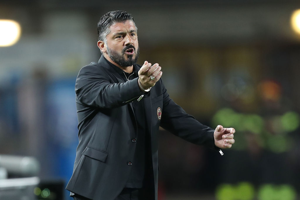 EMPOLI, ITALY - SEPTEMBER 27: Gennaro Gattuso manager of AC Milan gestures during the serie A match between Empoli and AC Milan at Stadio Carlo Castellani on September 27, 2018 in Empoli, Italy.  (Photo by Gabriele Maltinti/Getty Images)