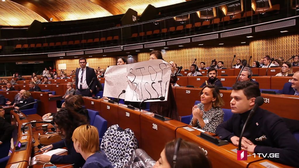ქართველმა ახალგაზრდებმა ევროსაბჭოში რუსეთის მიერ საქართველოს ოკუპაცია გააპროტესტეს [ვიდეო]