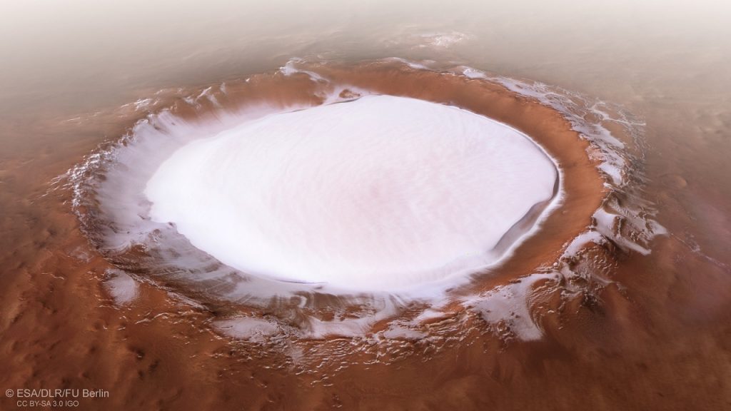 წყლის ყინულით სავსე გიგანტური კრატერი მარსზე - ESA-ს ხომალდმა ახალი ფოტოები გამოგზავნა