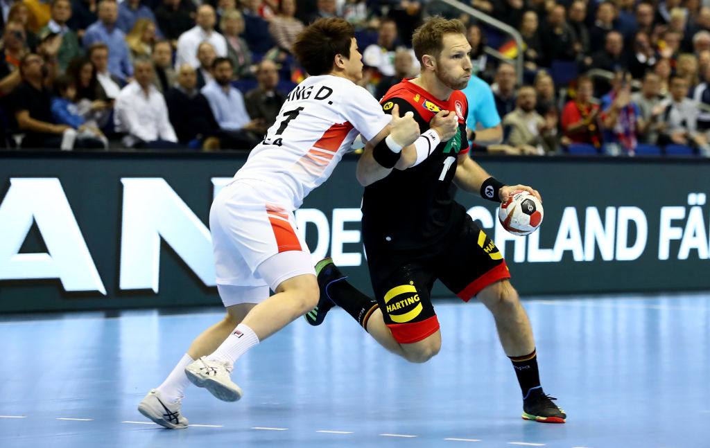 BERLIN, GERMANY – JANUARY 10: Steffen Weinhold of Germany in action during the 26th IHF Men’s World Championship group A match between Korea and Germany at Mercedes-Benz Arena on January 10, 2019 in Berlin, Germany. (Photo by Martin Rose/Bongarts/Getty Images)
