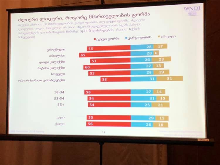 ენდიაი - საქართველოში გამოკითხულთა 55 პროცენტი მიიჩნევს, რომ ძლიერი ლიდერი მმართველობის ცუდი ფორმაა