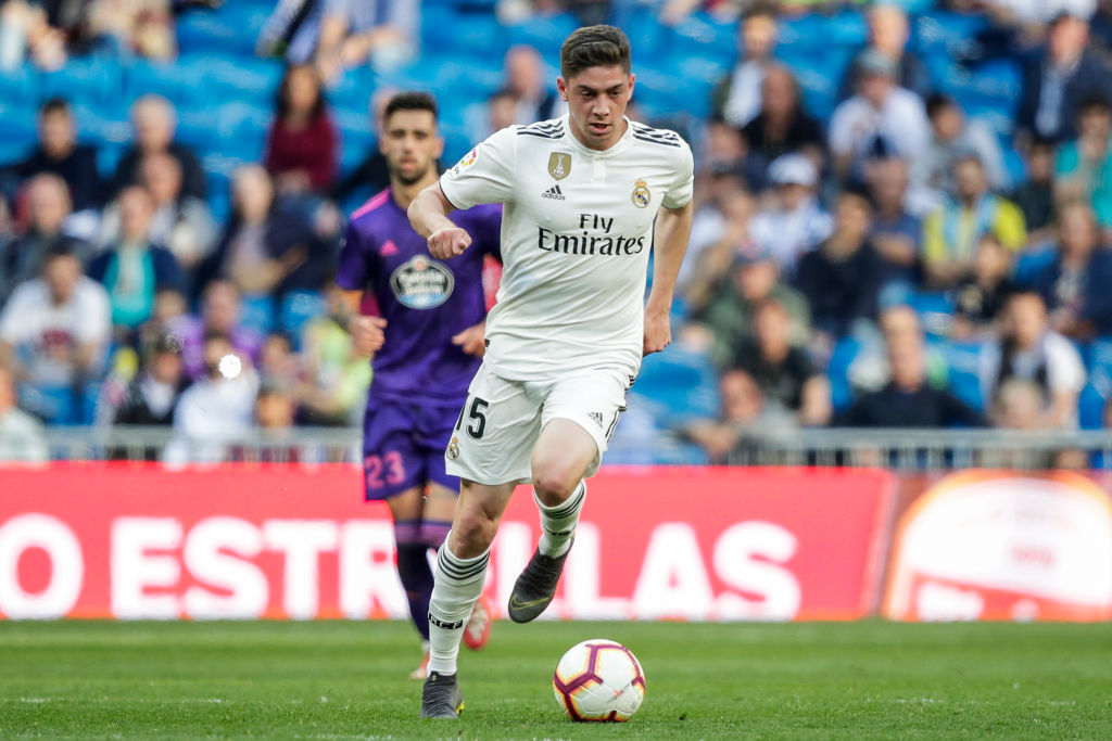 MADRID, SPAIN - MARCH 16: Federico Valverde of Real Madrid during the La Liga Santander  match between Real Madrid v Celta de Vigo at the Santiago Bernabeu on March 16, 2019 in Madrid Spain (Photo by David S. Bustamante/Soccrates/Getty Images)