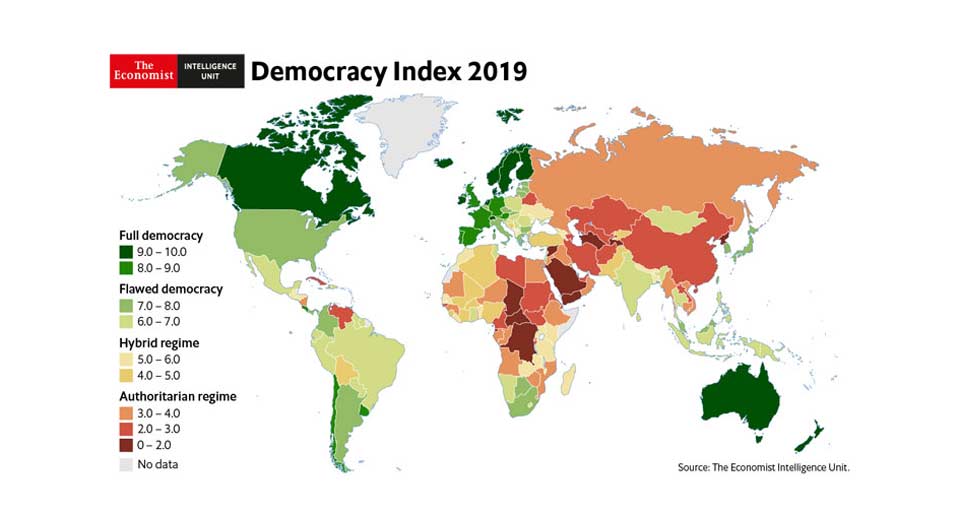 2019 წლის დემოკრატიის ინდექსის მიხედვით, საქართველო 89-ე ადგილზეა