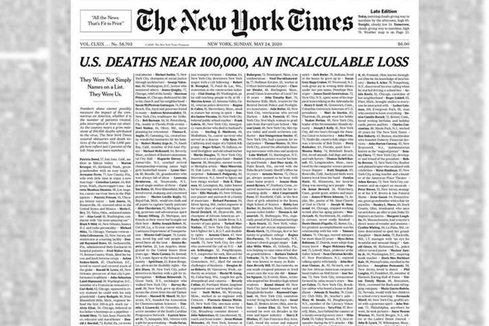 „ნიუ იორკ თაიმსმა“ გამოცემის პირველი გვერდი „კოვიდ-19“-ით გარდაცვლილთა ხსოვნას მიუძღვნა