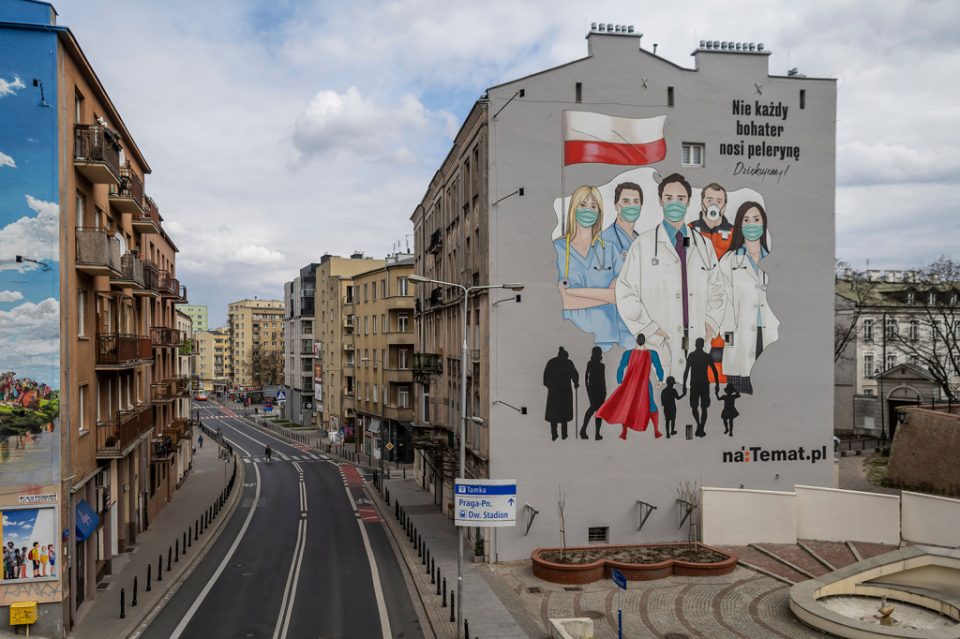 A mural paying tribute to the sacrifice of doctors, nurses and paramedics fighting with epidemic of the new coronavirus COVID-19, is seen in Warsaw Poland, on April 2, 2020. (Photo by Wojtek RADWANSKI / AFP) (Photo by WOJTEK RADWANSKI/AFP via Getty Images)