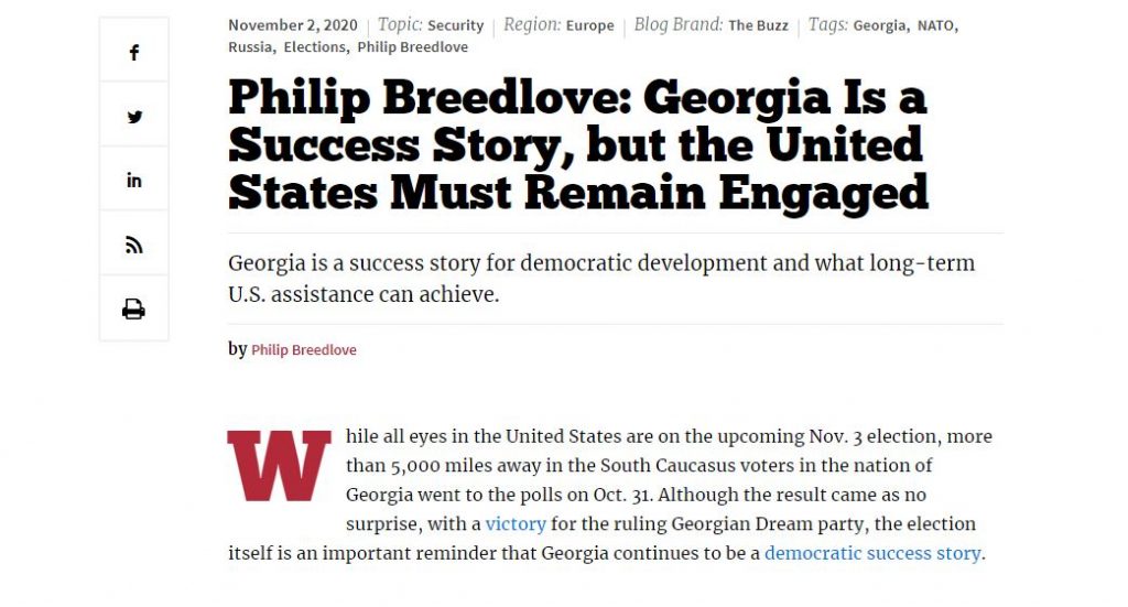 ფილიპ ბრიდლავი - 31 ოქტომბრის არჩევნებმა კიდევ ერთხელ ცხადყო, საქართველო არის დემოკრატიული განვითარების, ასევე აშშ-ის მხრიდან გრძელვადიანი დახმარების შედეგად მიღწეული წარმატების ისტორია
