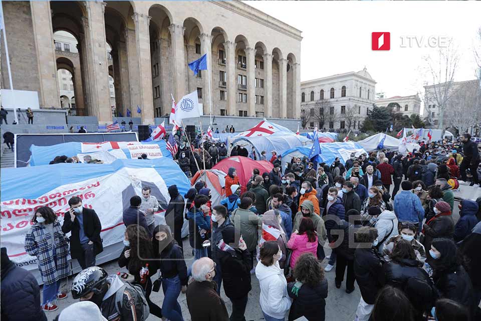 ღამით გადაადგილებაზე შეზღუდვის მოწინააღმდეგეები პარლამენტთან აქციას მართავენ