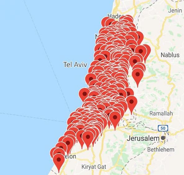 ისრაელის თავდაცვის სამინისტრო ფოტოს აქვეყნებს, რომელზეც ის ადგილებია მონიშნული, სადაც ბოლო ნახევარი საათის განმავლობაში განგაშის სიგნალი ჩაირთო