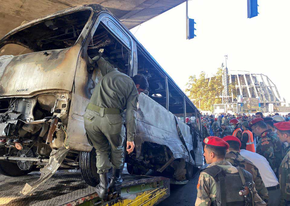 სირიის დედაქალაქში სამხედრო ძალების ავტობუსი აფეთქდა