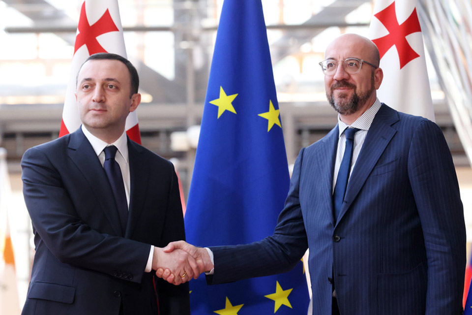 ევროპული საბჭო შარლ მიშელისა და ირაკლი ღარიბაშვილის შეხვედრის ფოტო და ვიდეომასალას აქვეყნებს