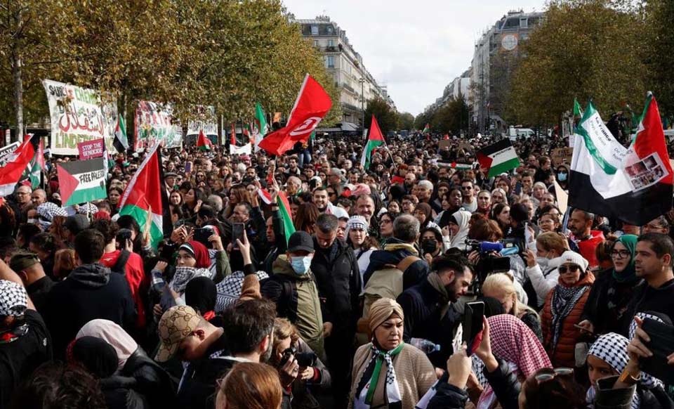 მედიის ცნობით, პარიზში პალესტინის მხარდასაჭერ აქციას 15 000-მდე ადამიანი შეუერთდა