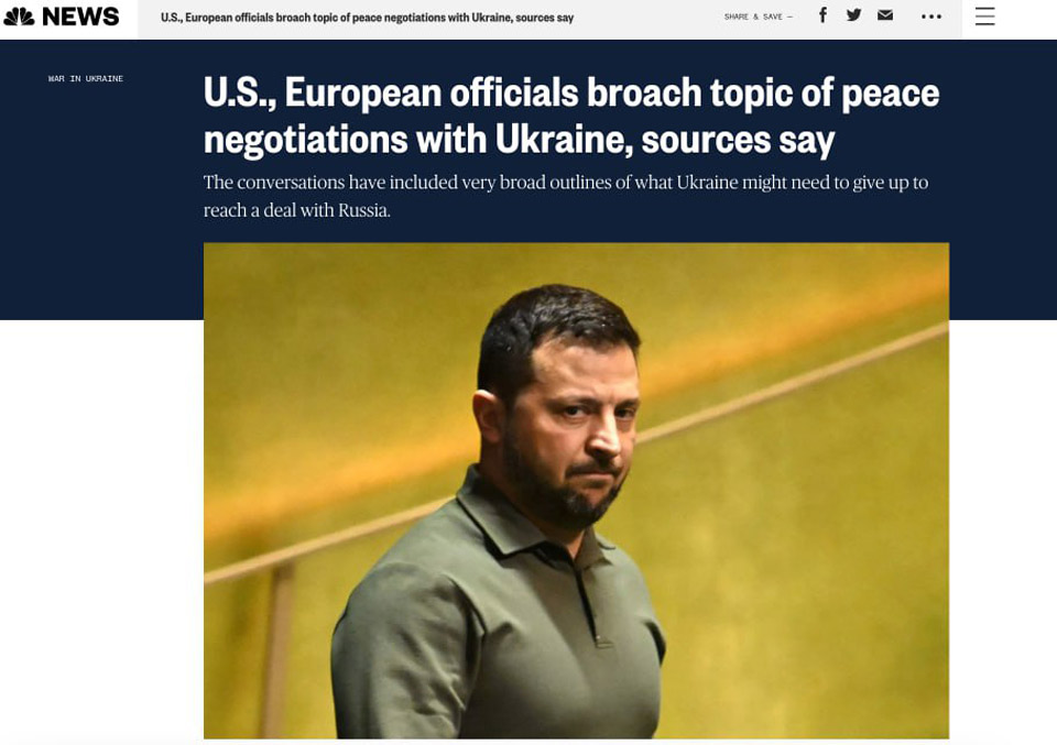 NBC - აშშ-ისა და ევროკავშირის მაღალჩინოსნებმა უკრაინასთან დაიწყეს რუსეთთან სამშვიდობო მოლაპარაკებების წარმოების შესაძლებლობის განხილვა
