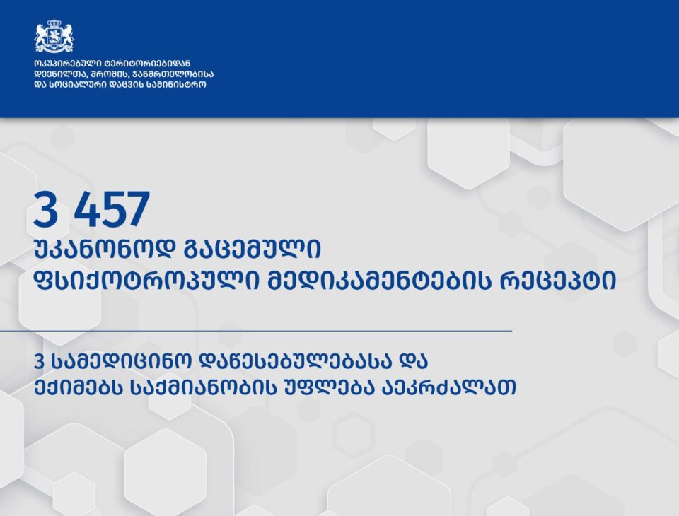 ფსიქოტროპული მედიკამენტების ათასობით რეცეპტის უკანონოდ გაცემის გამო სამ სამედიცინო დაწესებულებას და ექიმებს საქმიანობა აეკრძალათ