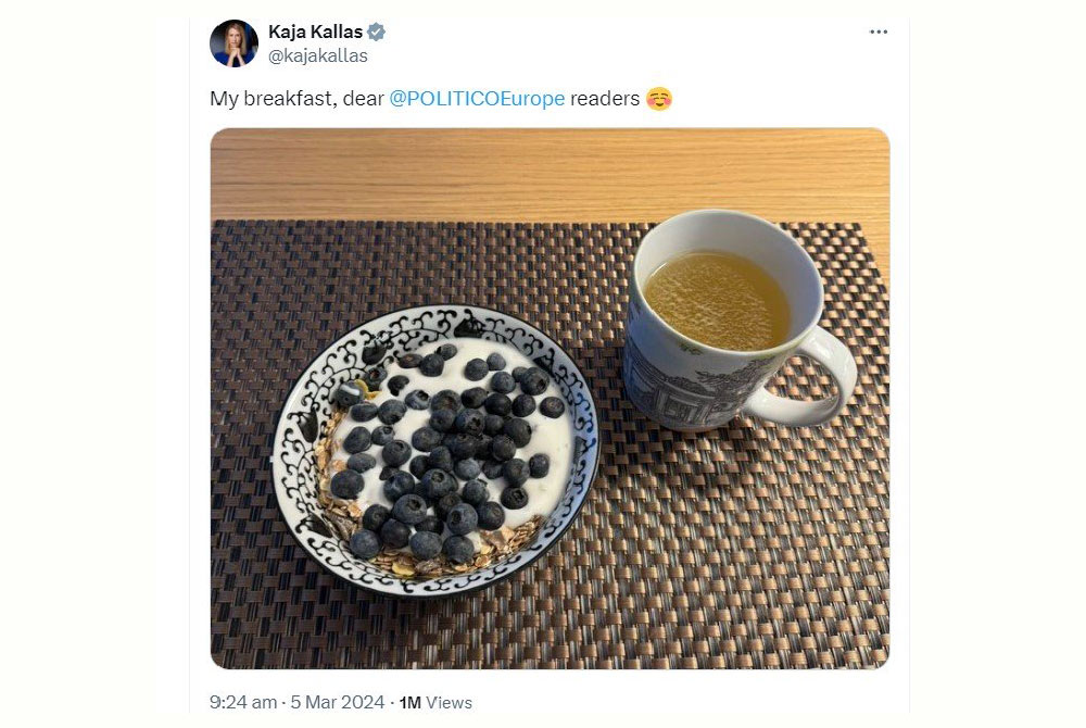 კაია კალასი „პოლიტიკოს“ სტატიას, რომ ესტონეთის პრემიერი „საუზმეზე რუსებს მიირთმევს“, სოციალურ ქსელში საკუთარი საუზმის ფოტოთი გამოეხმაურა