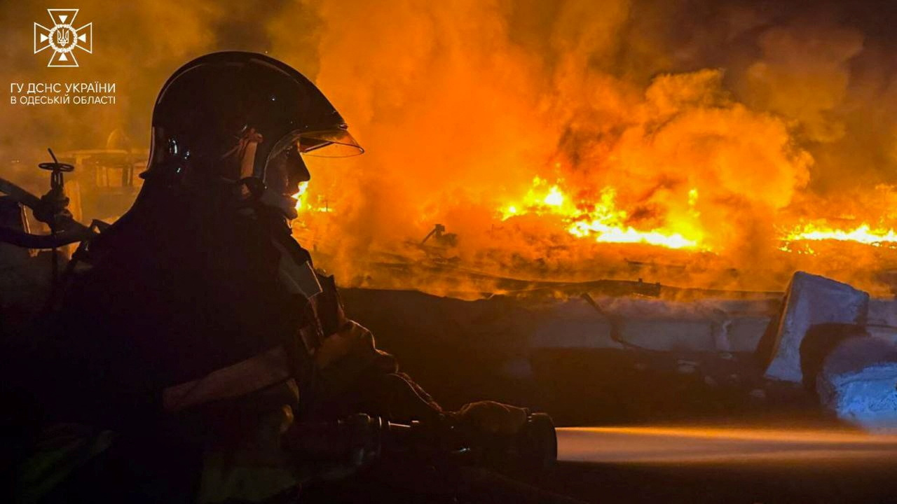 A firefighter works at a site which was hit during Russia's drone attacks in Odesa region, Ukraine September 3, 2023. Press service of the State Emergency Service of Ukraine in Odesa region/Handout via REUTERS