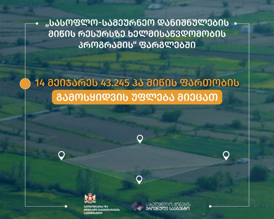 ქონების ეროვნული სააგენტო - სახელმწიფომ 14 მოიჯარეს მიწის ნაკვეთების საბაზრო ფასზე ნაკლებად გამოსყიდვის უფლება მისცა