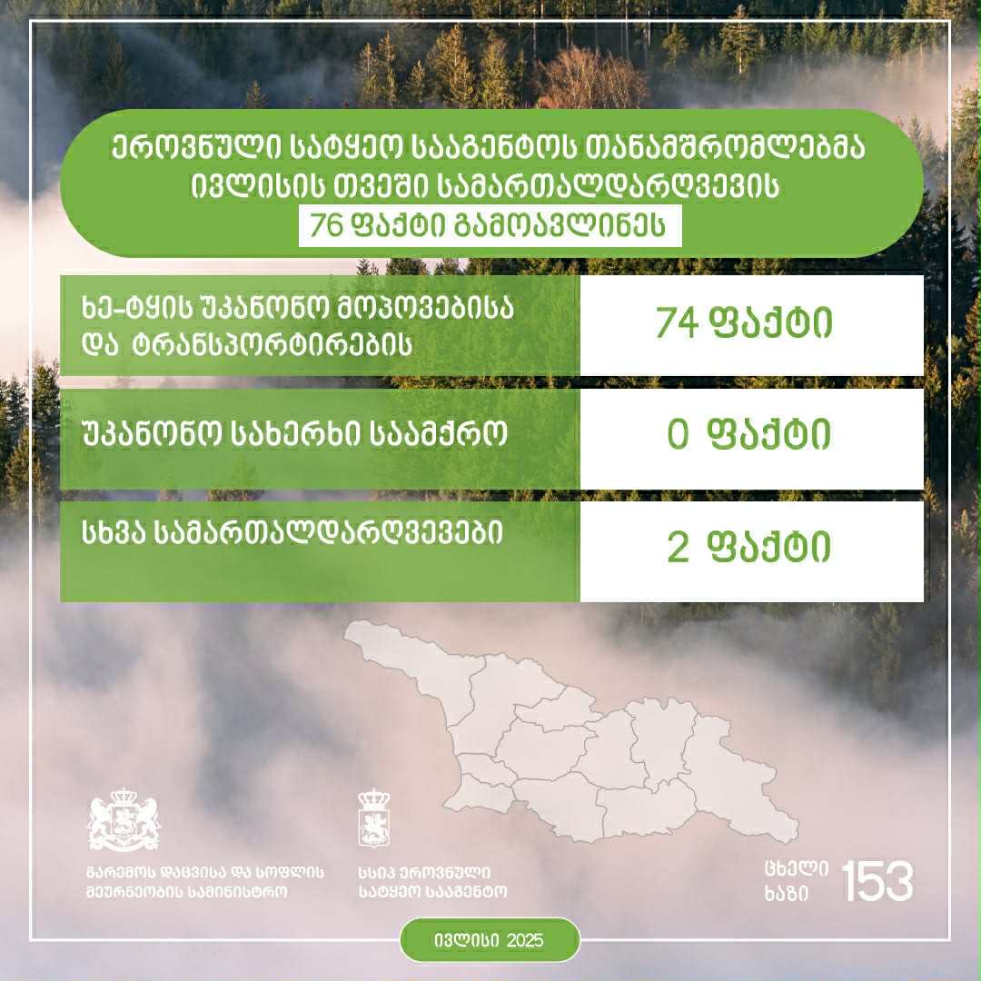 ეროვნული სატყეო სააგენტოს თანამშრომლებმა მიმდინარე წლის ივლისში სამართალდარღვევის 76 ფაქტი გამოავლინეს