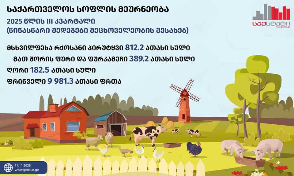 საქსტატი - 2025 წლის მესამე კვარტალში საქართველოში რძისა და ხორცის წარმოება შემცირდა, კვერცხის კი - გაიზარდა