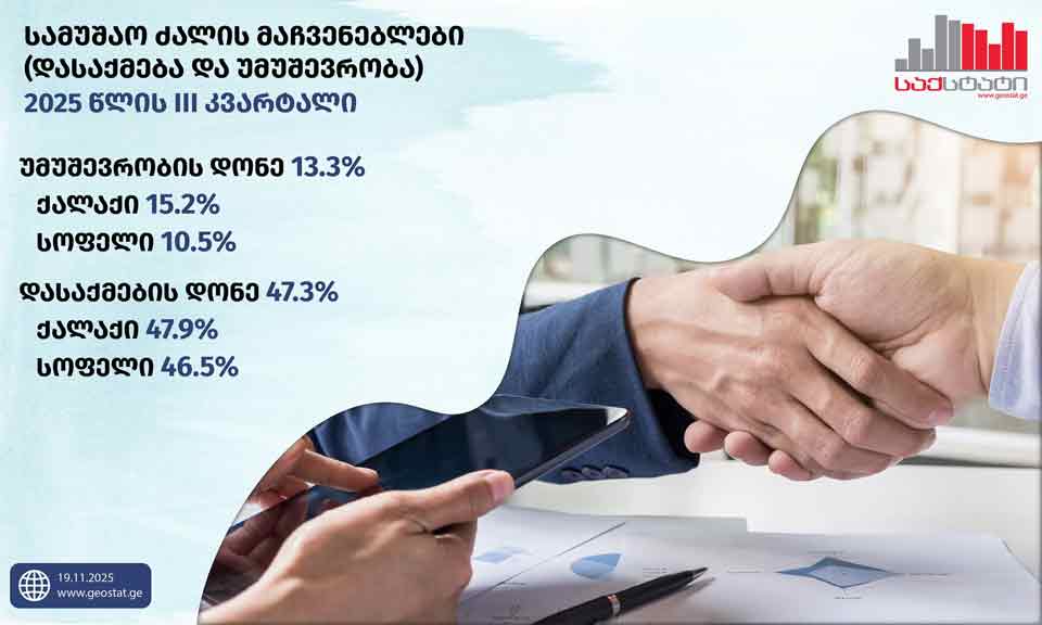 საქსტატი - მესამე კვარტალში საქართველოში უმუშევრობის დონე 13.3 პროცენტამდე შემცირდა