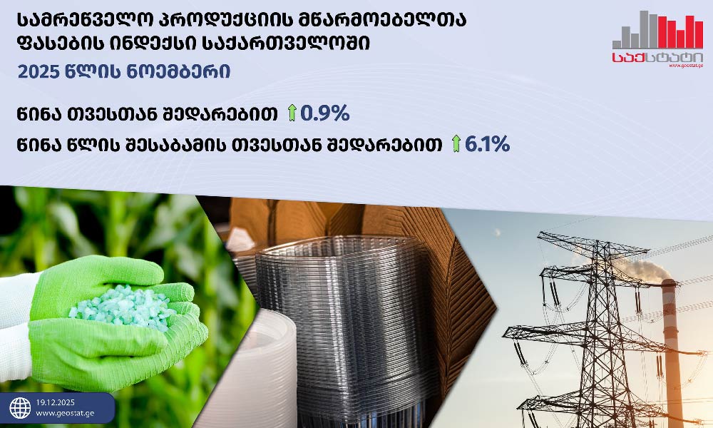 საქსტატი - ნოემბერში სამრეწველო პროდუქციის მწარმოებელთა ფასების ინდექსი წლიურად 6.1 პროცენტით გაიზარდა