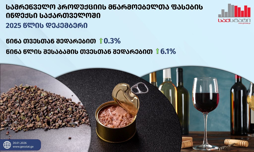 საქსტატი - დეკემბერში სამრეწველო პროდუქციის მწარმოებელთა ფასების ინდექსი წლიურად 6.1 პროცენტით გაიზარდა
