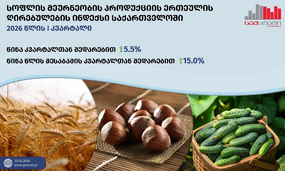 საქსტატი - 2026 წლის პირველ კვარტალში საქართველოში სოფლის მეურნეობის პროდუქციის ღირებულება წლიურად 5.5 პროცენტით გაძვირდა