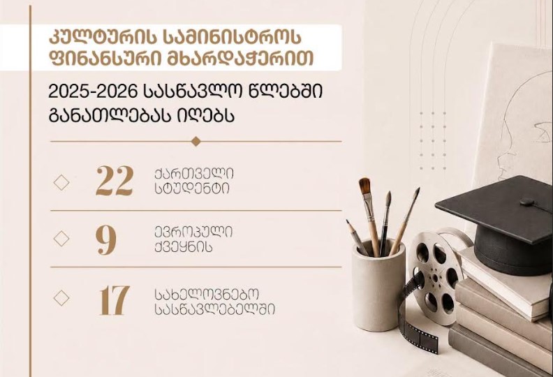 კულტურის სამინისტრო – 22 ქართველი სტუდენტი ევროპის ცხრა ქვეყნის 17 სახელოვნებო სასწავლებელში იღებს განათლებას