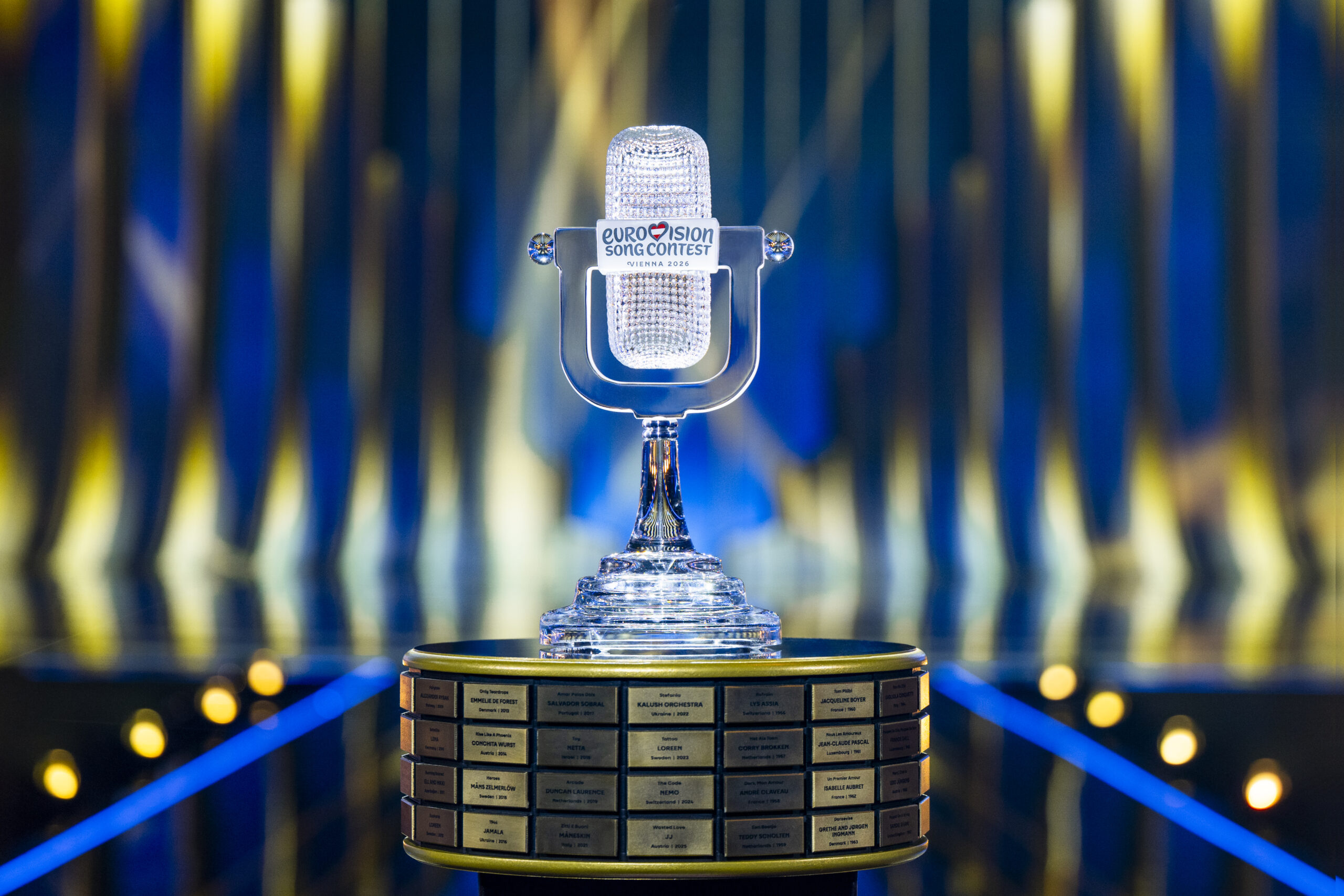 The trophy of the 70th Eurovision Song Contest on the Wiener Stadthalle stage, for Vienna 2026