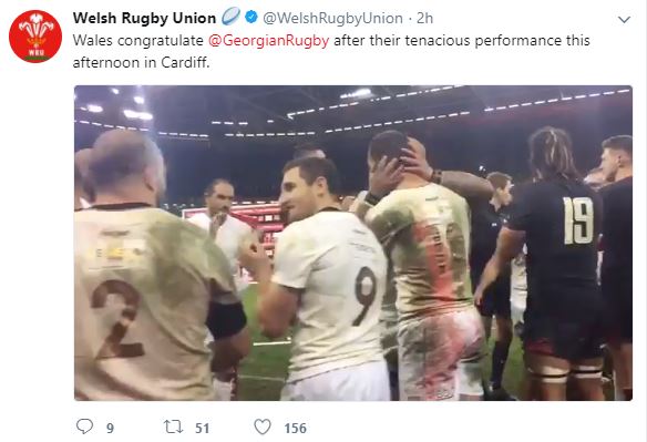 Wales congratulated Georgian Rugby players after their tenacious performance - video