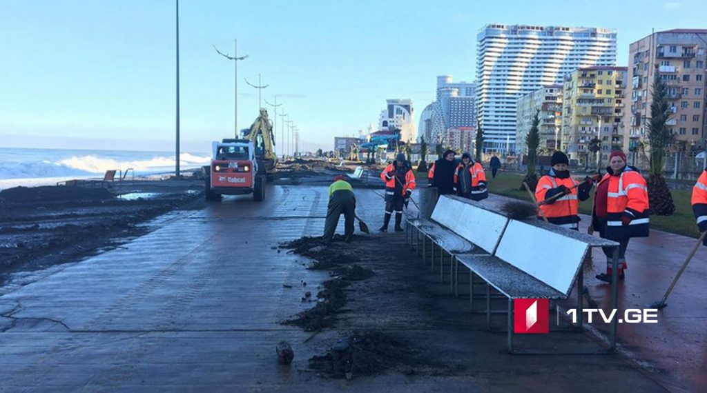 Batumi after storm, seashore being cleaned