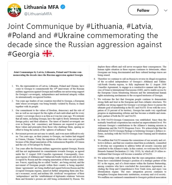 Латвия, Литва, Польша и Украина приняли совместное коммюнике на 10-ую годовщину российской агрессии против Грузии