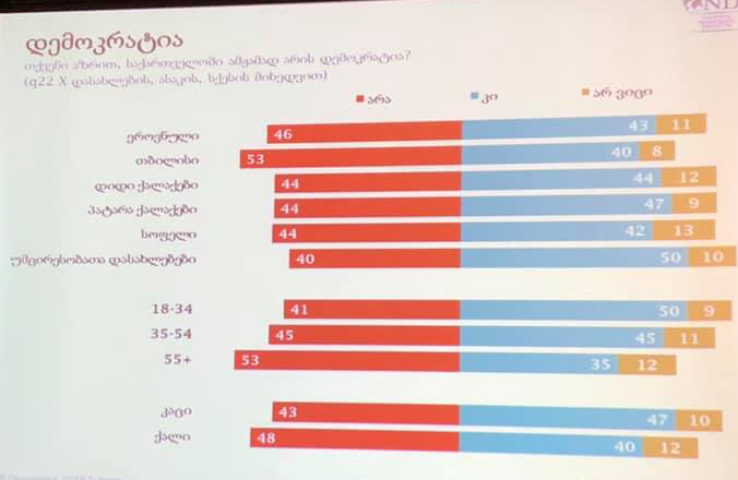 Согласно исследованию NDI, 46% опрошенных считают, в Грузии нет демократии