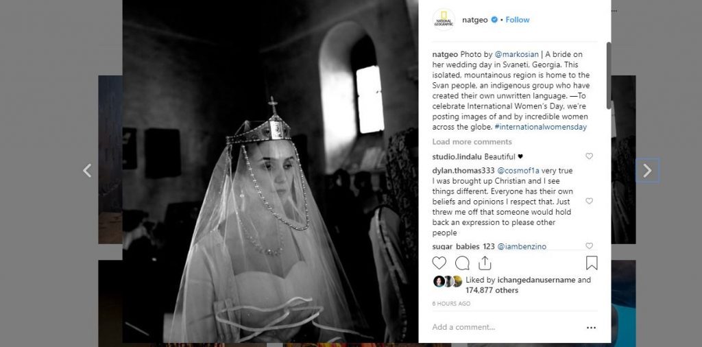 В связи с Международным женским днём «National Geographic» опубликовал фото невесты, сделанное в Сванетии 