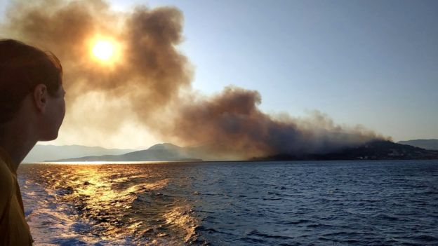 Из-за сильного пожара на греческом острове Самос, с пляжей и гостиниц была осуществлена эвакуация туристов