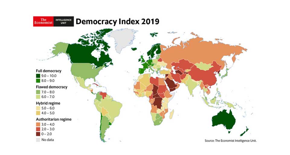 2019-cu ilin demokratiya indeksinə görə, Gürcüstan 89-cu yerdədir