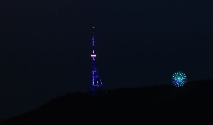 Tbilisi TV tower lit up in colours of EU flag