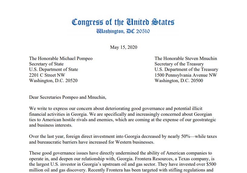 Четыре американских конгрессмена направили письмо госсекретарю США и секретарю Департамента Казначейства США в связи с американским бизнесом в Грузии